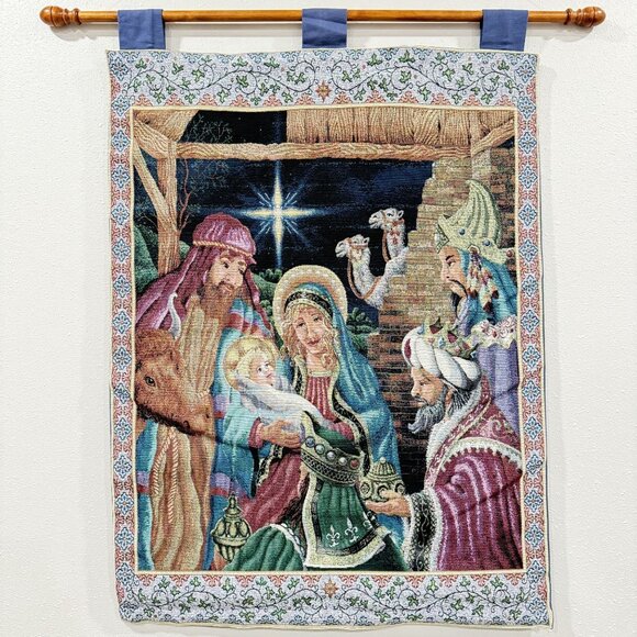 Vintage Nativity Scene Tapestry Wall Hanging With Rod Jesus Mary Wise Men 34x25" - Picture 8 of 8